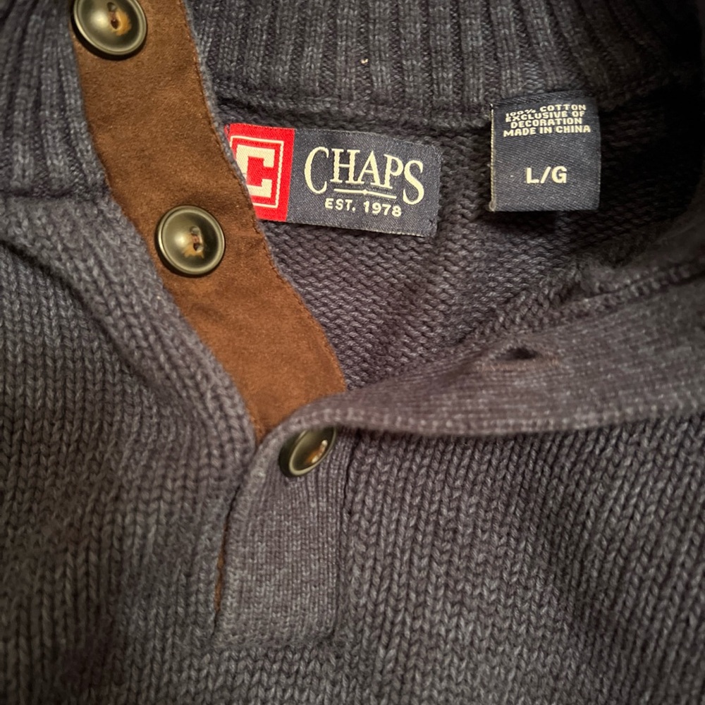Chaps EST. 1978 - Dark Blue Knit Sweater with Brown Elbow Patches - 3-Button Up